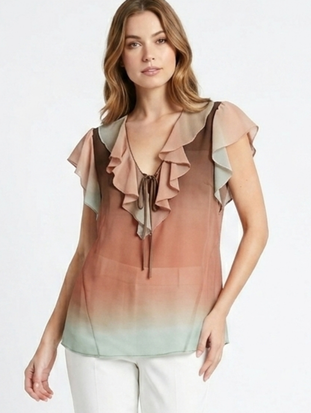 HALE BOB Ombre Ruffle Vneck Lightweight Semi Sheer Blouse  Small